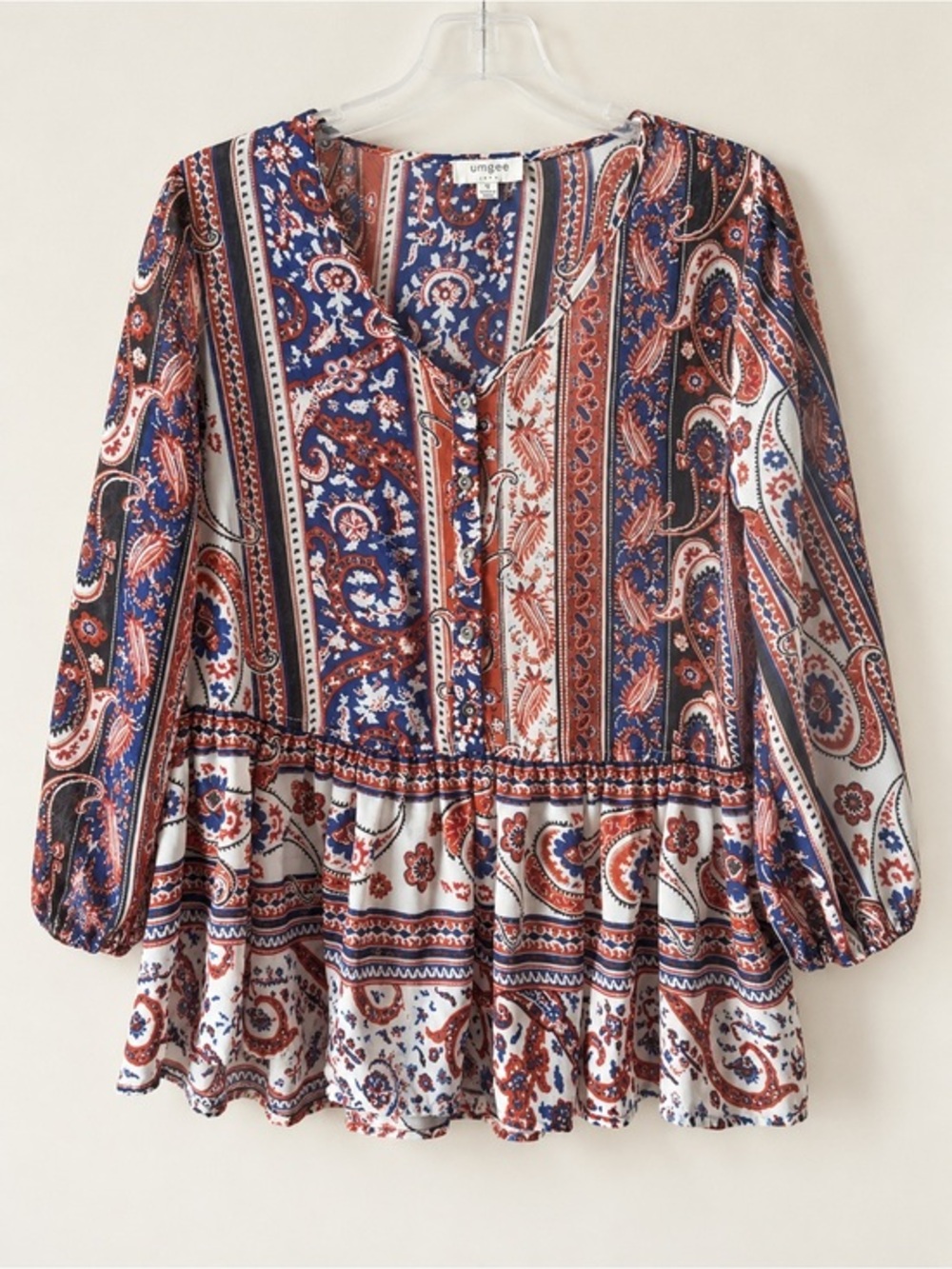 Red White Blue Paisley Boho Peasant Peplum Top |Umgee Boutique. EUC M #1470